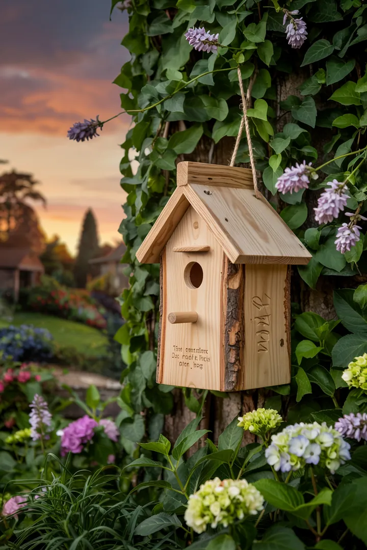 Ein handgefertigter Nistkasten aus Holz, der in einem grünen Garten hängt, um Vögeln einen sicheren Brutplatz zu bieten.