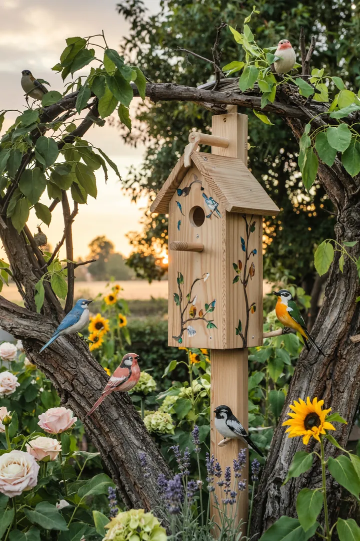 Ein liebevoll gestalteter Nistplatz aus Holz, der kleinen Vögeln Schutz und einen Ort für ihre Jungen bietet. Ideal für Gartenliebhaber.