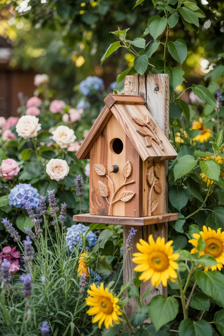 Ein handgefertigter Unterschlupf aus Holz für Vögel, um einen sicheren Ort zur Brutpflege zu bieten. Ideal für Gartenliebhaber.