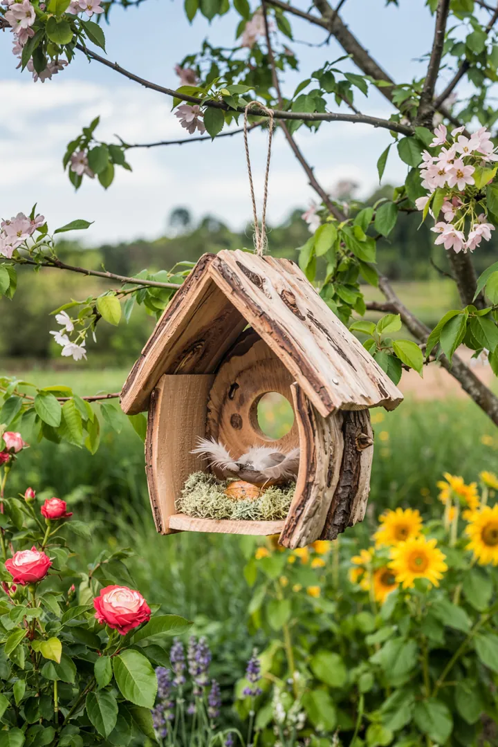 Ein rustikaler Nistkasten aus Holz hängt an einem Baum, umgeben von frischem Grün und bunten Blumen, ideal für heimische Vögel.