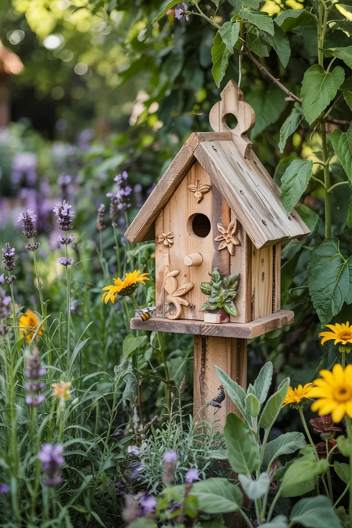 Ein rustikaler Nistkasten aus Holz hängt an einem Baum, umgeben von frischem Grün und blühenden Pflanzen, ideal für Vögel.