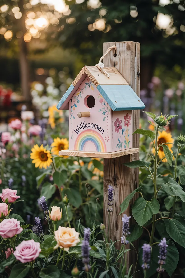 Eine fröhliche Szene, in der jemand mit Pinsel und Farben einen kleinen Holzbehälter für Vögel kreativ gestaltet, um ihn im Garten aufzuhängen.