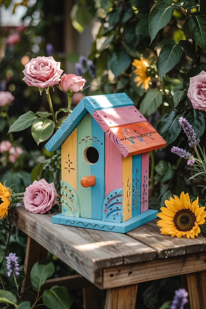 Ein kunstvoll gestaltetes Vogelhaus, das in bunten Farben verziert ist, ideal für kreative Projekte und Naturfreunde. Perfekt zum Nistkasten Bemalen.