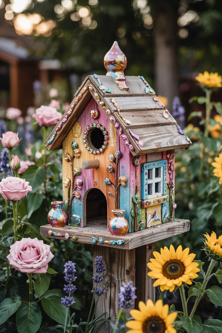 Bunte Holzschachtel mit kreativem Design, ideal für das Gestalten und Verzieren eines Lebensraums für Vögel. Perfekt für DIY-Projekte.