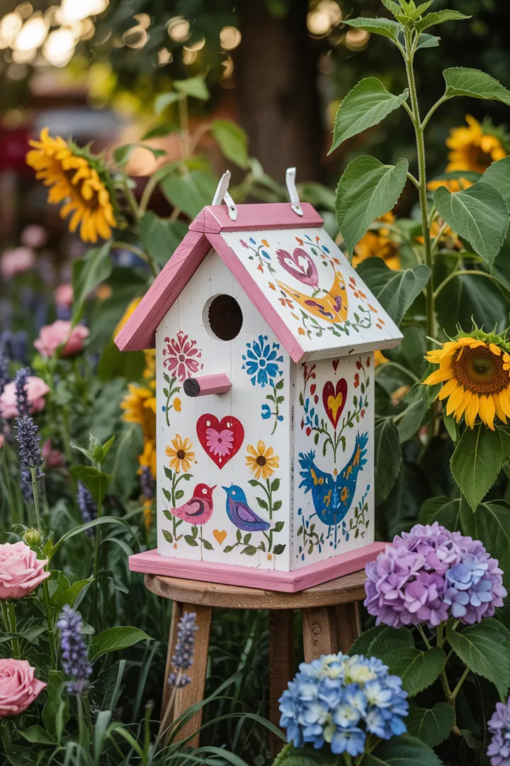Ein kreativ gestalteter Nistkasten, der mit bunten Farben und lebhaften Mustern verziert ist, ideal für DIY-Projekte und Vogelbeobachtung.