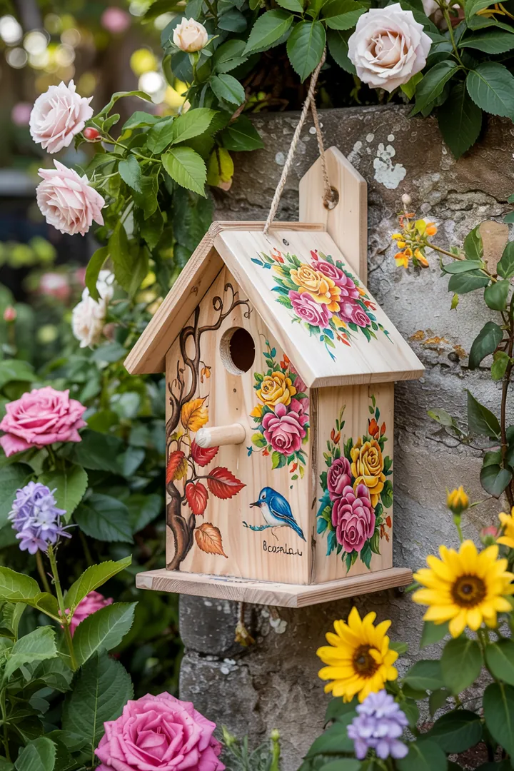 Ein künstlerisches Projekt, bei dem ein Holzobjekt mit bunten Farben und Mustern gestaltet wird, ideal für die Förderung von Vögeln im eigenen Garten.