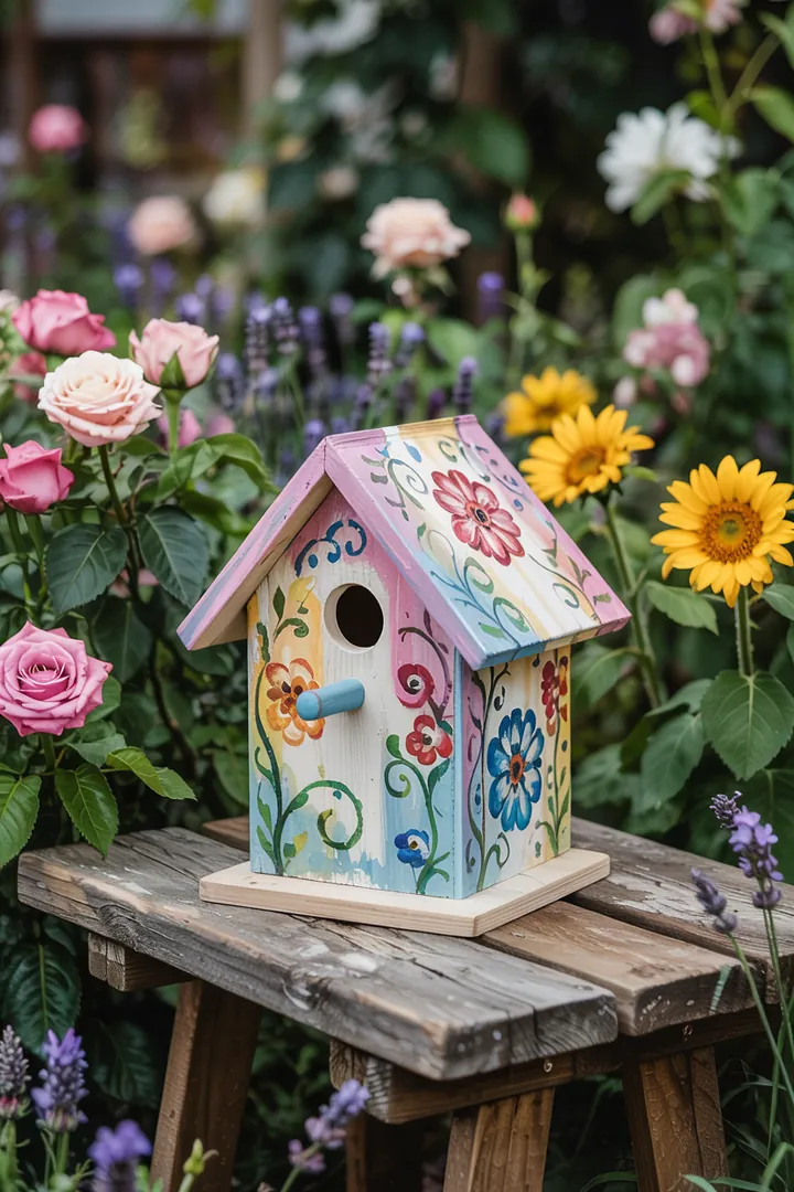 Bunt gestalteter Nistkasten, der mit kreativen Motiven verziert ist, ideal für DIY-Projekte und Vogelbeobachtung. Perfekt zum Nistkasten Bemalen!