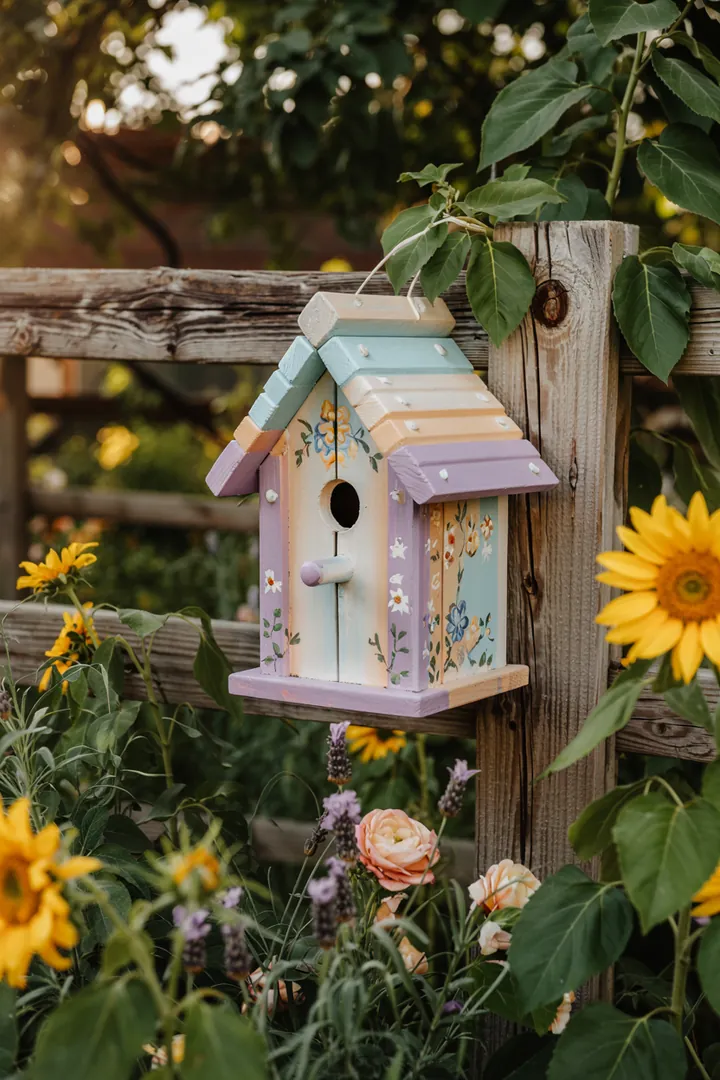 Ein kunstvoll gestalteter Nistkasten, der mit bunten Farben verziert ist und die kreative Gestaltung von Vogelheimen zeigt. Ideal für DIY-Projekte.