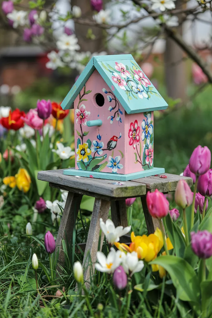Ein handgemalter Nistkasten in bunten Farben, der kreative Ideen für die Gartendekoration und Vogelbeobachtung bietet.