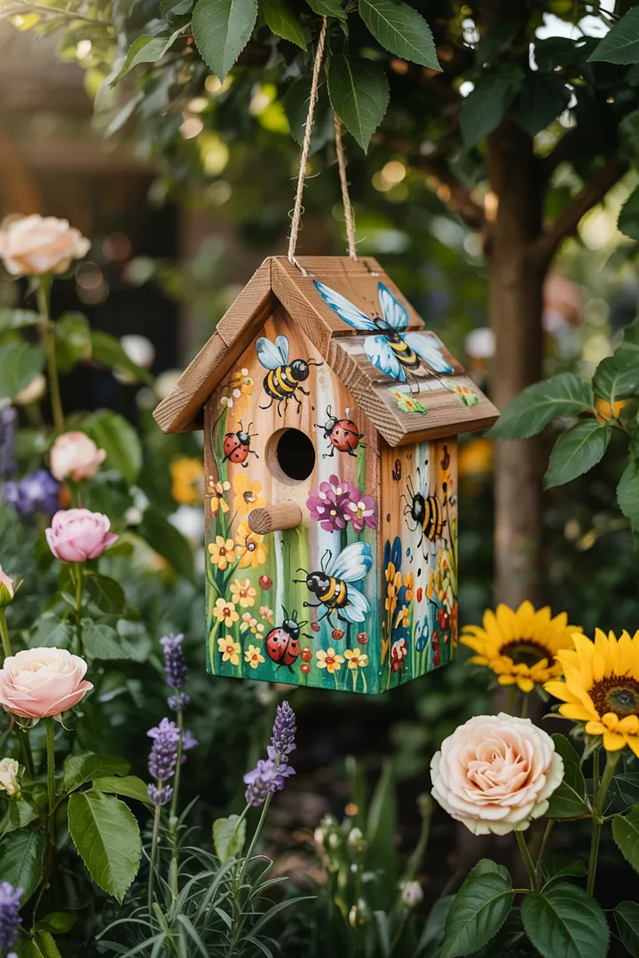 Ein handgefertigter Vogelbehausung, kunstvoll gestaltet mit leuchtenden Farben und einzigartigen Mustern, ideal für kreative Bastelprojekte.