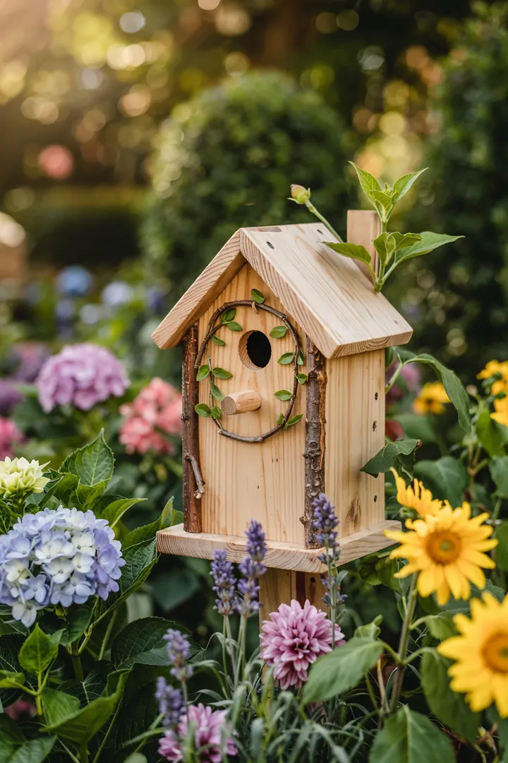 Ein handgefertigter Vogelnistplatz aus Holz in einem Garten, ideal für DIY-Projekte, um Vögel anzulocken. Nistkasten Selber Bauen fördert die Naturverbundenheit.