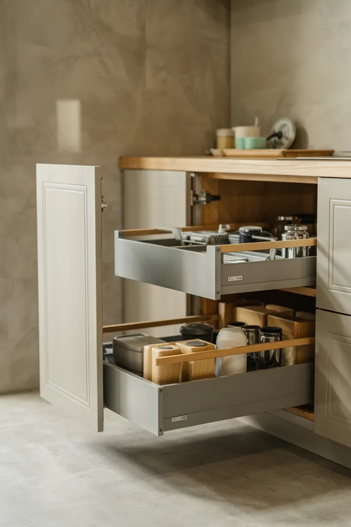 Frontale Draufsicht auf offenen Unterschrank mit zwei nachgerüsteten Innenauszügen, geordnetes Zubehör, weiches Fensterlicht. Deutliche Details, gut erkennbar; küche aufbewahrung schneidebretter im Fokus, screenreader-freundlich beschrieben.