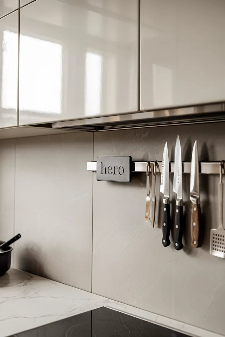 Foto einer Küchenwand mit Reling, Haken und Magnetleiste für Messer; Keyword Küche Aufbewahrung Wand