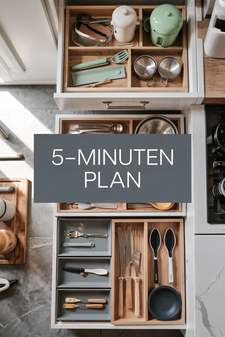 Obere Ansicht einer tiefen Küchenschublade mit Einteilern für Teller, Deckel und Besteck; helles Holz, Keyword Küche Aufbewahrung Schublade.