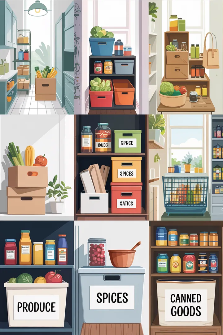 Blick in eine kleine Speisekammer mit hohen Regalen, transparente Boxen und Beschriftungen; Keyword Speisekammer Regal System