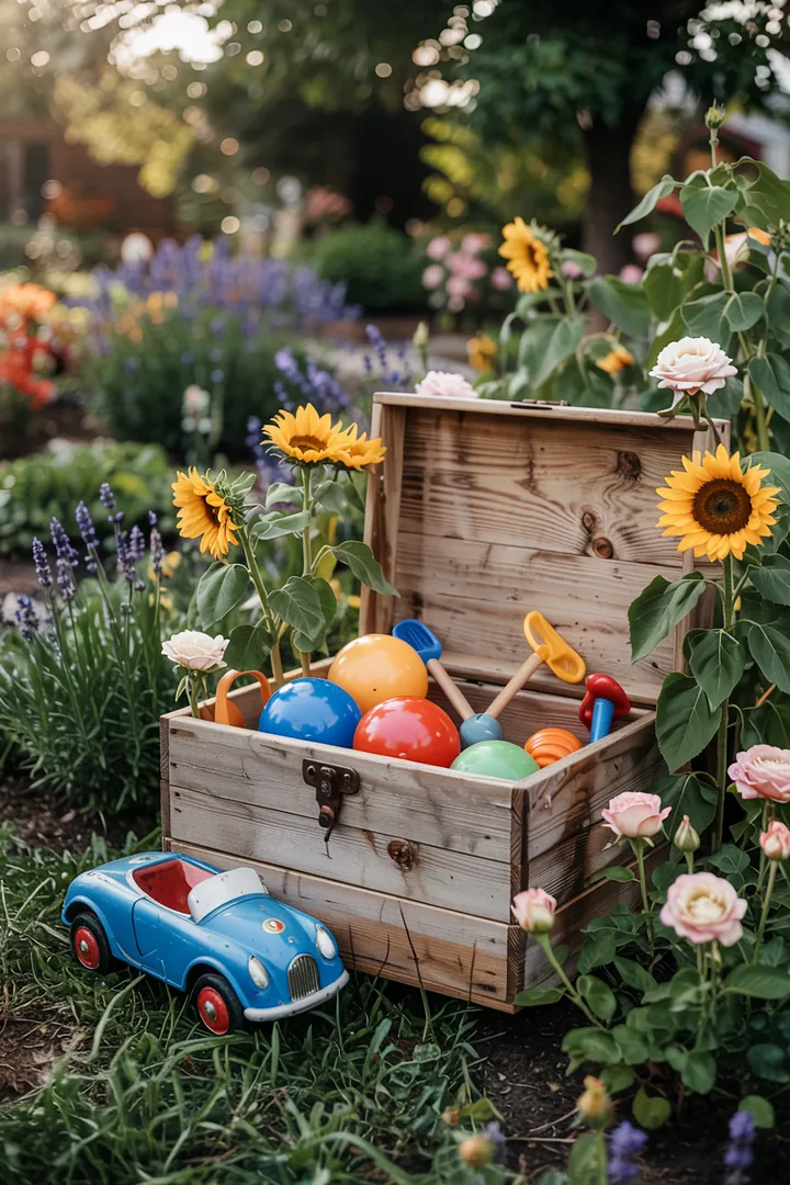Bunte Aufbewahrungslösungen für Kinderspielzeug im Freien, die den Garten aufgeräumt halten und Spaß für Kinder im Freien fördern.
