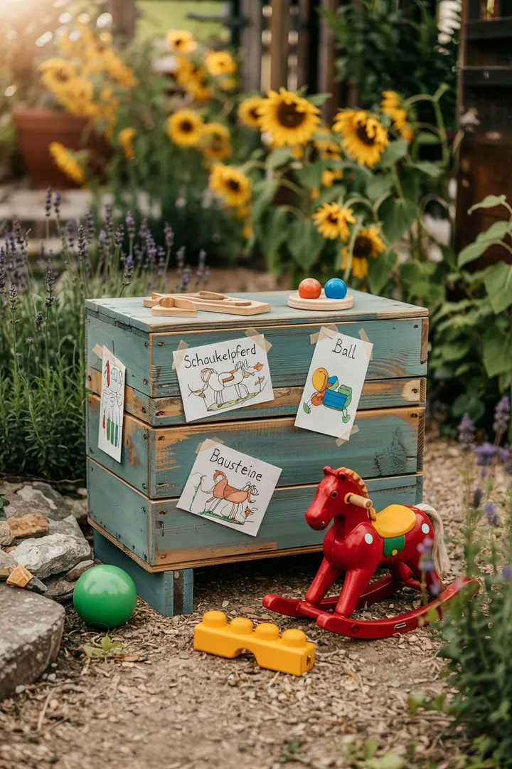 Bunte, praktische Lösung zur Aufbewahrung von Spielzeug im Freien, ideal für den Garten und zur ordentlichen Lagerung von Gartenspielzeug.