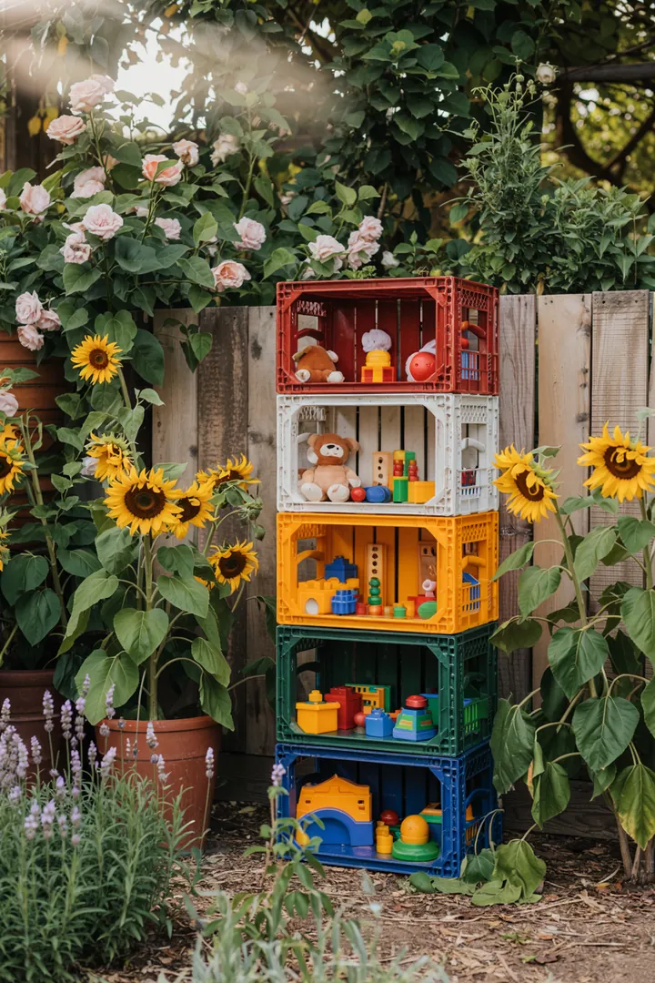 Bunte Kisten zur Aufbewahrung von Kinderspielzeug, ideal zum Organisieren und Verstauen in einem Spielzimmer.