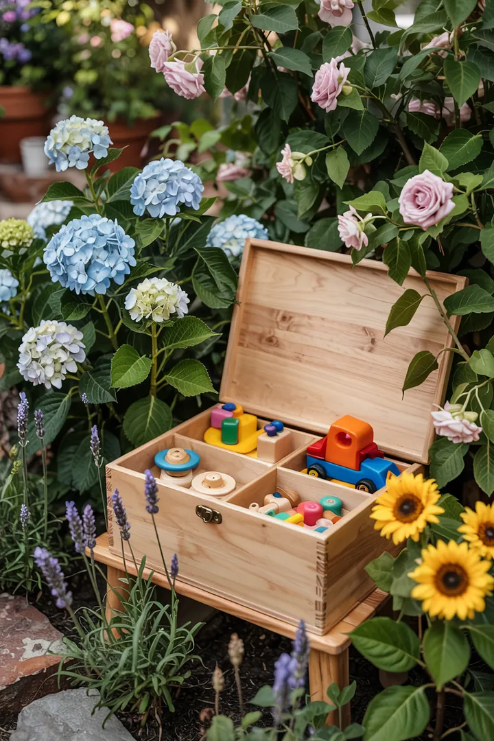 „Bunte, kindgerechte Aufbewahrungslösung im Garten für Spielzeugfahrzeuge, idealer Schutz vor Wetter und sorgt für Ordnung.“