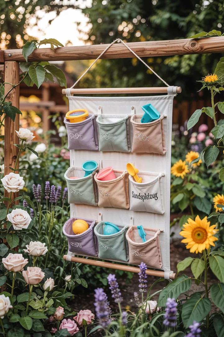 „Bunte Aufbewahrungslösungen für draußen, ideal zum Organisieren von Spielzeug für Kinder, fördern Kreativität und Ordnung im Freien.“