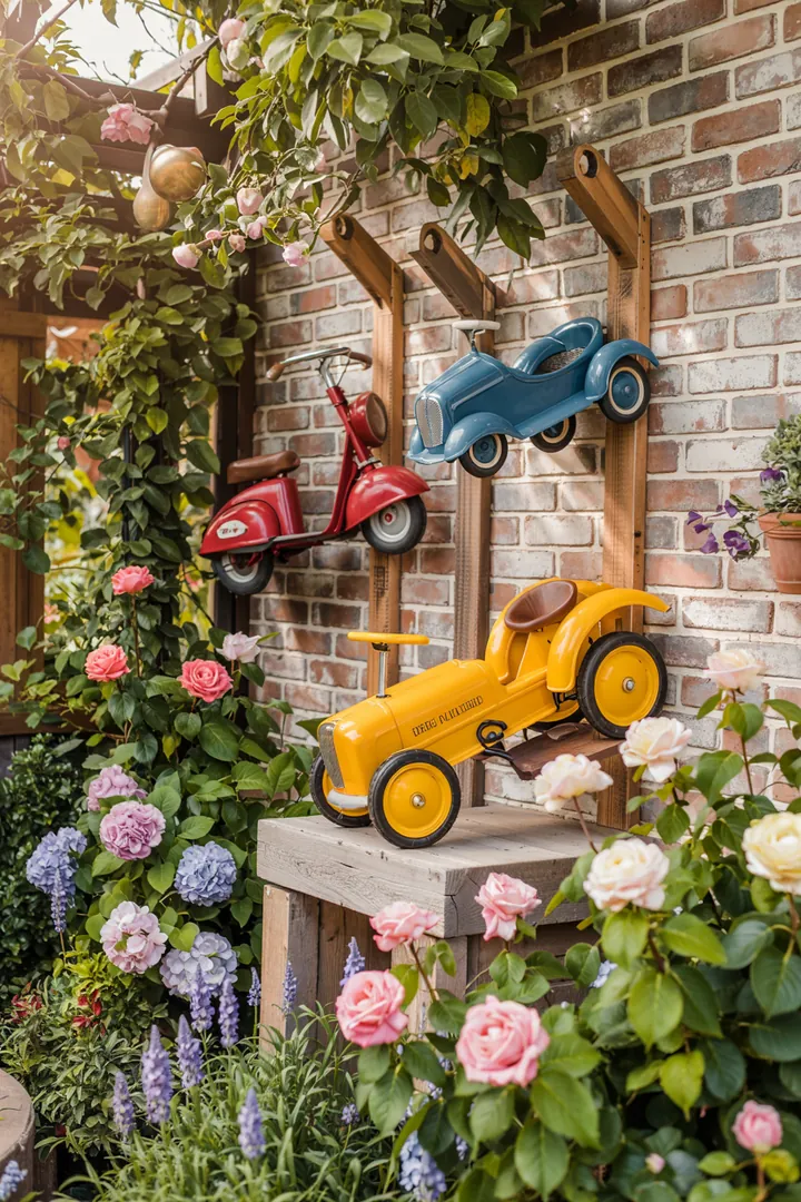 Bunte Spielzeuge und Fahrzeuge für Kinder sind ordentlich in einem geschützten Bereich im Freien angeordnet, ideal zum Verstauen im Garten.