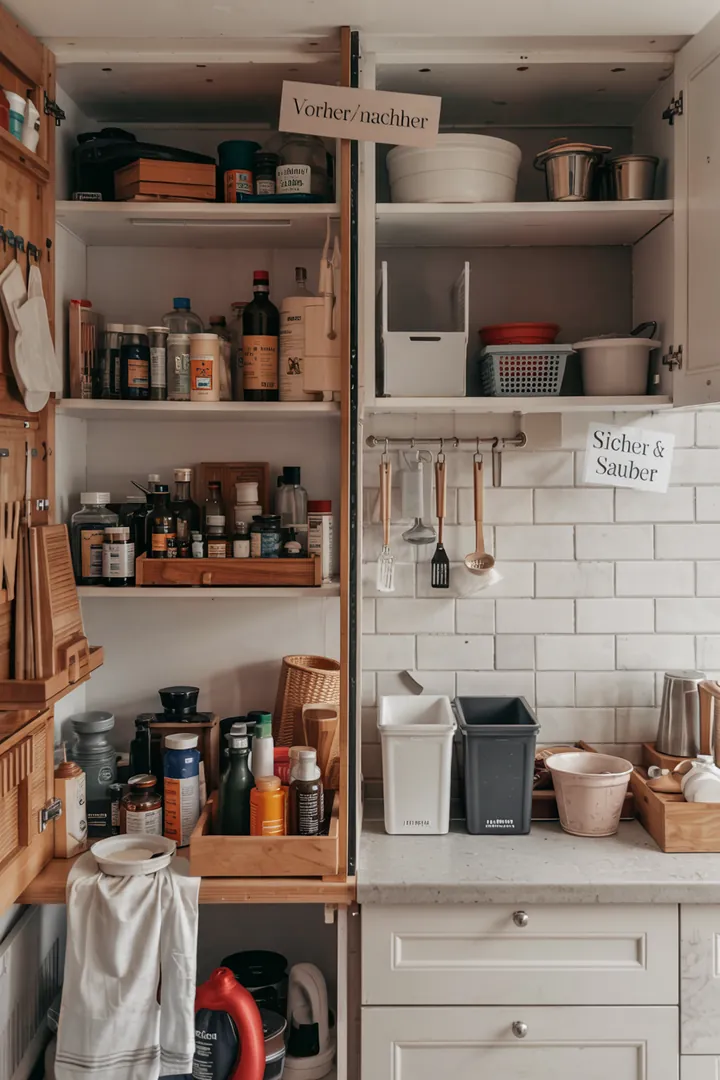 Offener Spülenschrank mit Leckschutzwanne, Caddy für Reiniger, getrennte Müllbehälter; Keyword Organizer unter Spüle.