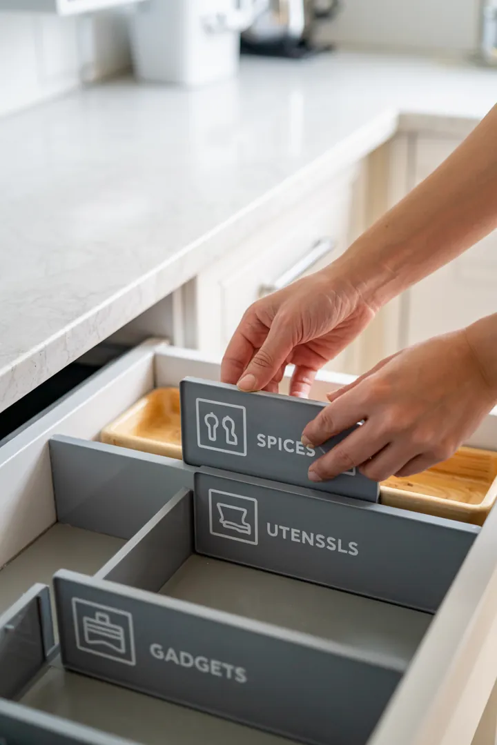 Offener Spülschrank mit Leckschutzmatte, ausziehbaren Mülleimern und einem geordneten Putzmittel-Caddy; frontale Aufnahme; Keyword unter Spüle Ordnung.