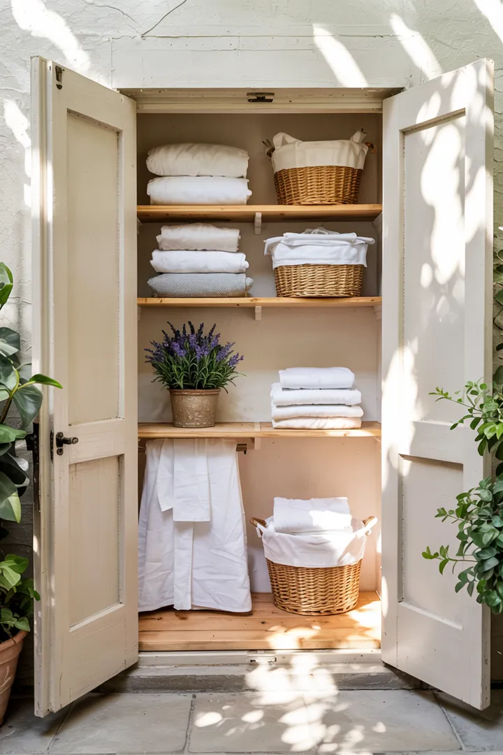 Ein clever gestalteter Schrank mit einem kompakten Waschmaschinen- und Trockner-Setup, das optimalen Raum nutzt und eine stilvolle Lösung für eine versteckte Mini-Waschküche im Schrank bietet.