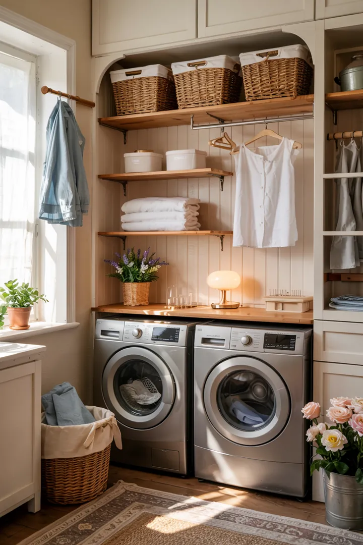 Ein stilvoller Schrank mit einer integrierten, funktionalen Waschküche, die clever versteckt ist und Platz spart, ideal für kleine Wohnräume. Versteckte Mini-Waschküche im Schrank.