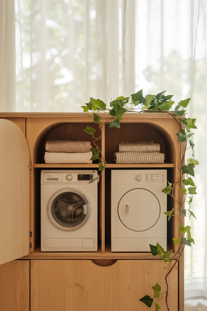 Ein eleganter Schrank mit einer clever integrierten Waschgelegenheit, die optimalen Platz bietet und die Funktionalität maximiert. Versteckte Mini-Waschküche im Schrank für stilvolles Wohnen.