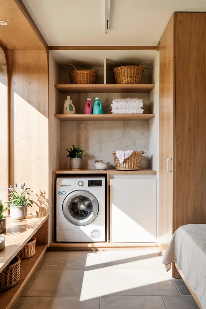 Ein clever gestalteter Schrank mit integrierter kleiner Waschküche, die optimalen Raum nutzt und stilvoll organisiert ist. Versteckte Mini-Waschküche im Schrank für maximale Effizienz.