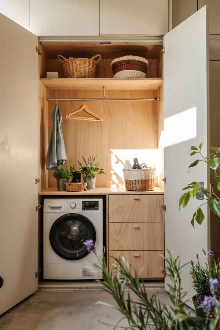 Ein clever gestalteter, kompakter Raum mit einer eleganten Waschmaschine und Trockner, die diskret in einem Schrank integriert sind, ideal für eine versteckte Mini-Waschküche im Schrank.