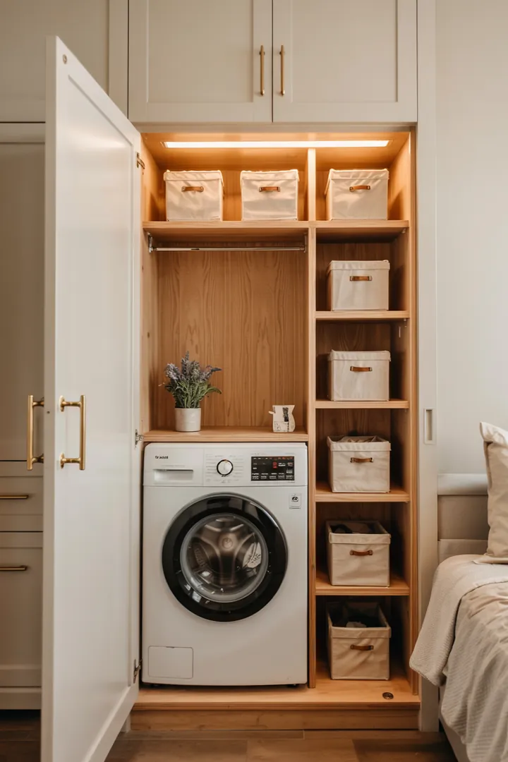 Ein stilvoller Schrank mit clever integriertem Waschbereich, der eine praktische und platzsparende Lösung für die Wäschepflege bietet. Versteckte Mini-Waschküche im Schrank optimal genutzt.