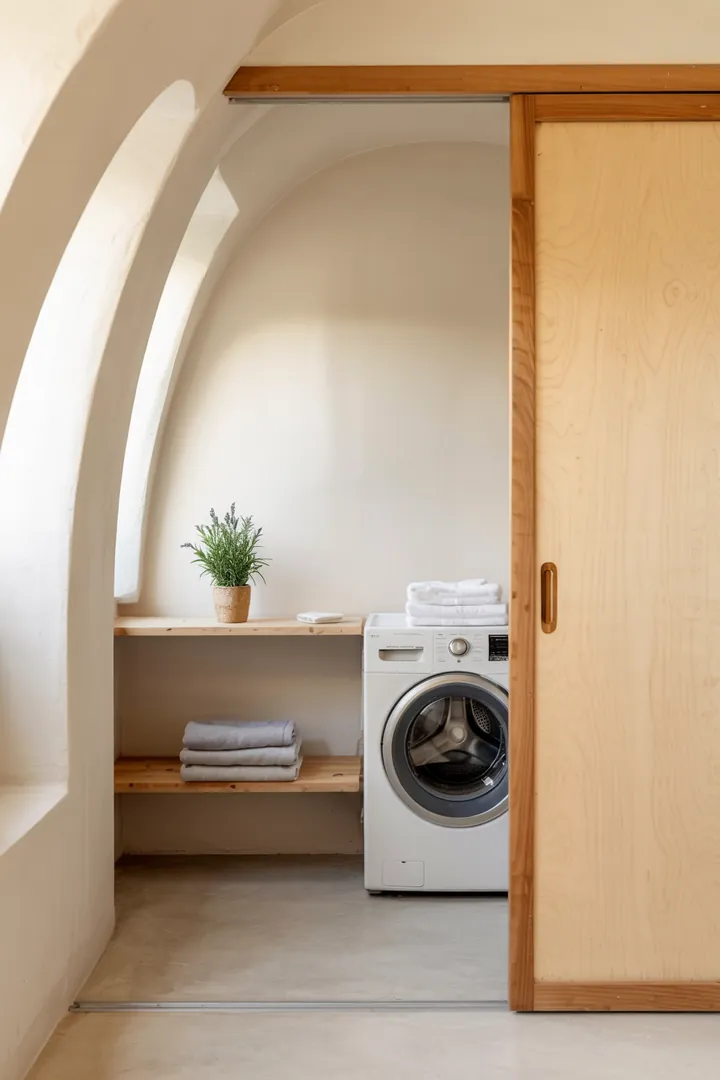 Kompakte und stilvolle Lösung für einen praktischen Raum: Eine clevere, platzsparende Waschküche, die unauffällig im Möbelstück integriert ist. Versteckte Mini-Waschküche im Schrank bietet Funktionalität ohne Kompromisse beim Design.