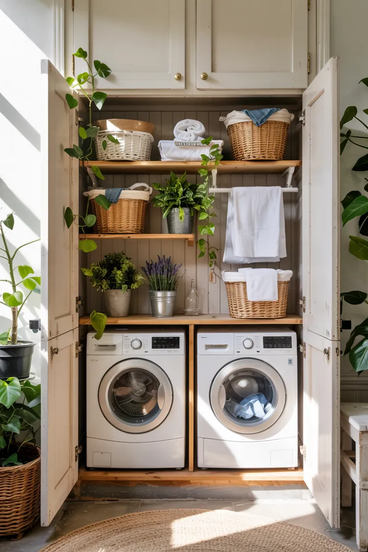 Ein clever gestalteter Schrank, der eine kompakte Wäscheeinheit verbirgt, zeigt kreative Lösungen für die Organisation kleiner Räume. Versteckte Mini-Waschküche im Schrank maximiert den Platz.
