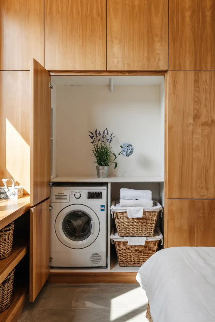 Kompakte und stilvolle Lösung für eine unauffällige Waschküche, die geschickt im Möbelstück integriert ist und Platz spart. Versteckte Mini-Waschküche im Schrank, ideal für kleine Räume.