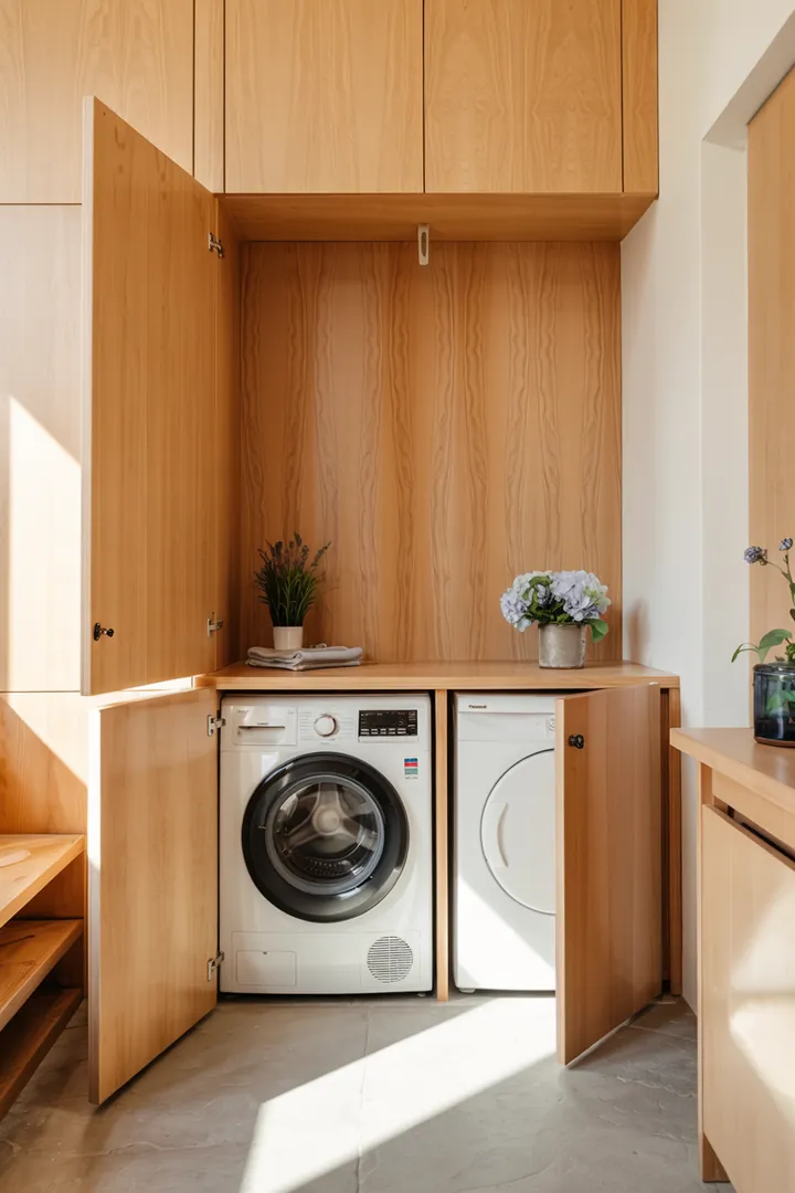 Ein clever gestalteter Raum, der eine kompakte Waschküche in einem Schrank integriert, ideal für kleine Wohnungen und effiziente Raumnutzung. Versteckte Mini-Waschküche im Schrank.