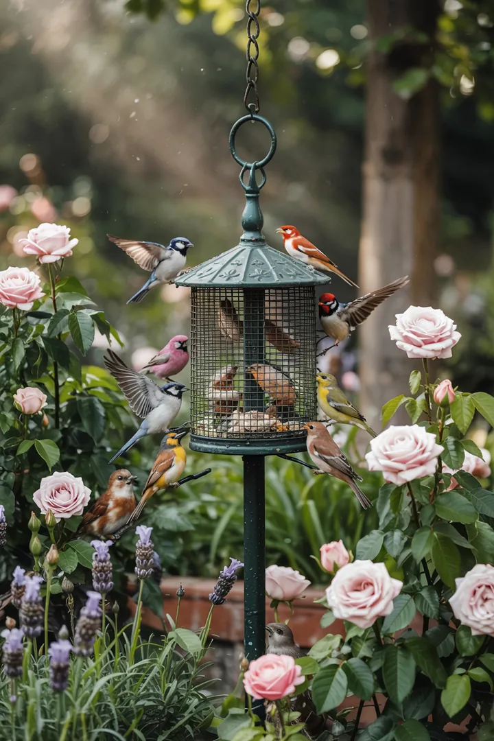 Ein charmantes, handgefertigtes Futterhaus für gefiederte Freunde, umgeben von bunten Blumen und grünem Laub. Ideal für Vogelliebhaber.
