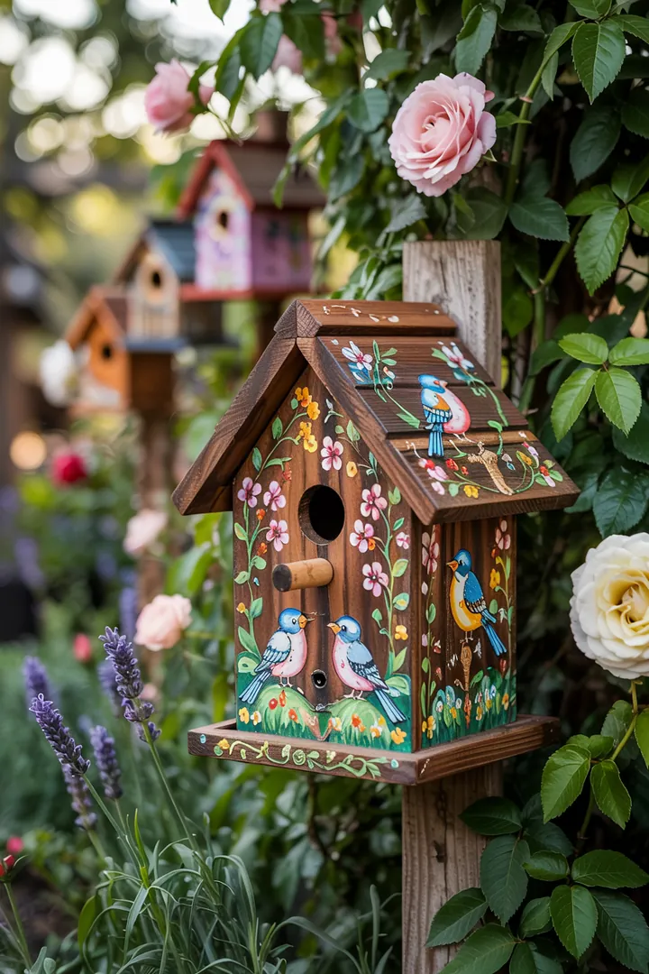 Ein einladendes und kunstvoll gestaltetes Nistplatz für gefiederte Freunde in einem farbenfrohen Garten, ideal für das Beobachten von Vögeln.