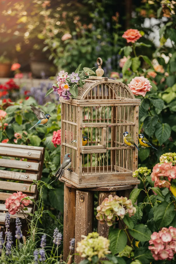 Ein liebevoll gestaltetes Futterhaus aus Holz, das Vögeln einen einladenden Platz zum Speisen bietet, umgeben von grünem Laub.