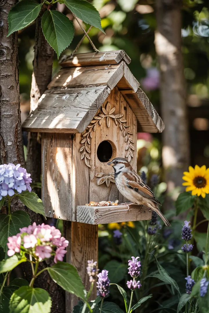 Ein handgefertigtes Futterhaus aus Holz, das Vögeln einen sicheren Ort bietet, um zu speisen und zu nisten.