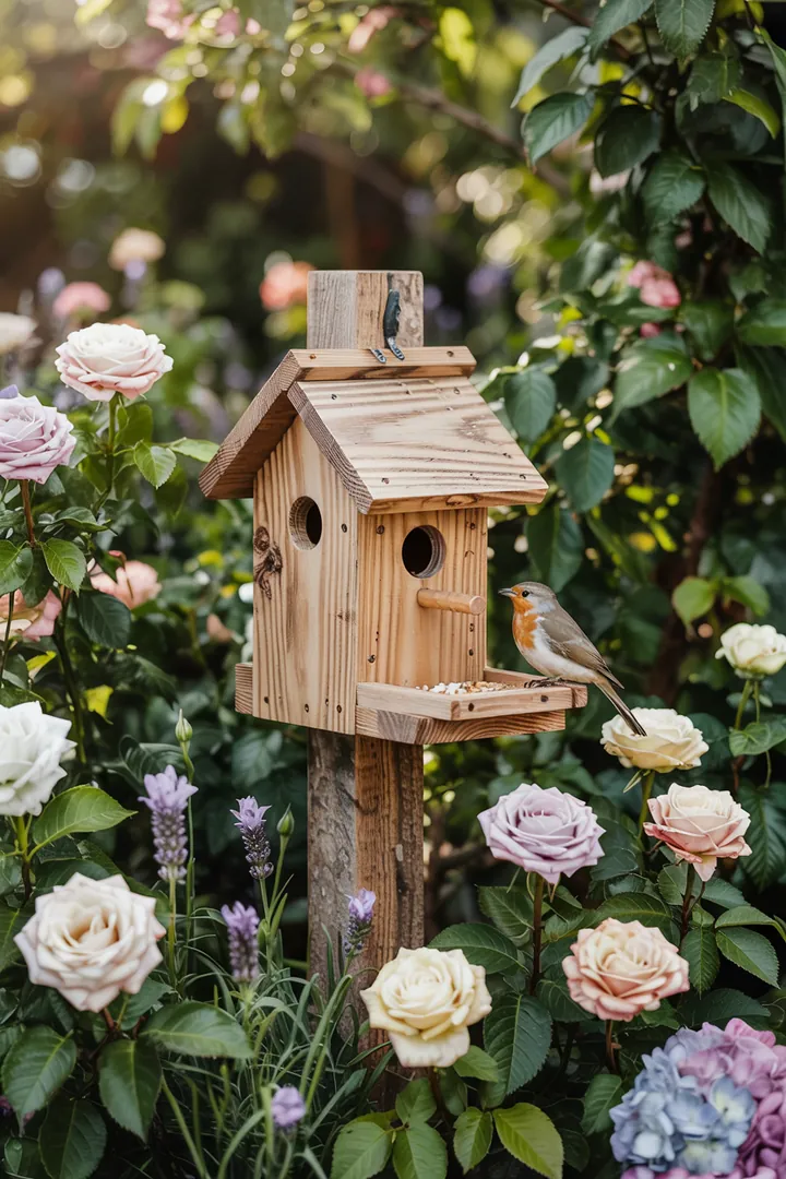 Ein liebevoll gestaltetes Futterhaus für Vögel, umgeben von blühenden Pflanzen, das eine einladende Atmosphäre für gefiederte Besucher schafft.