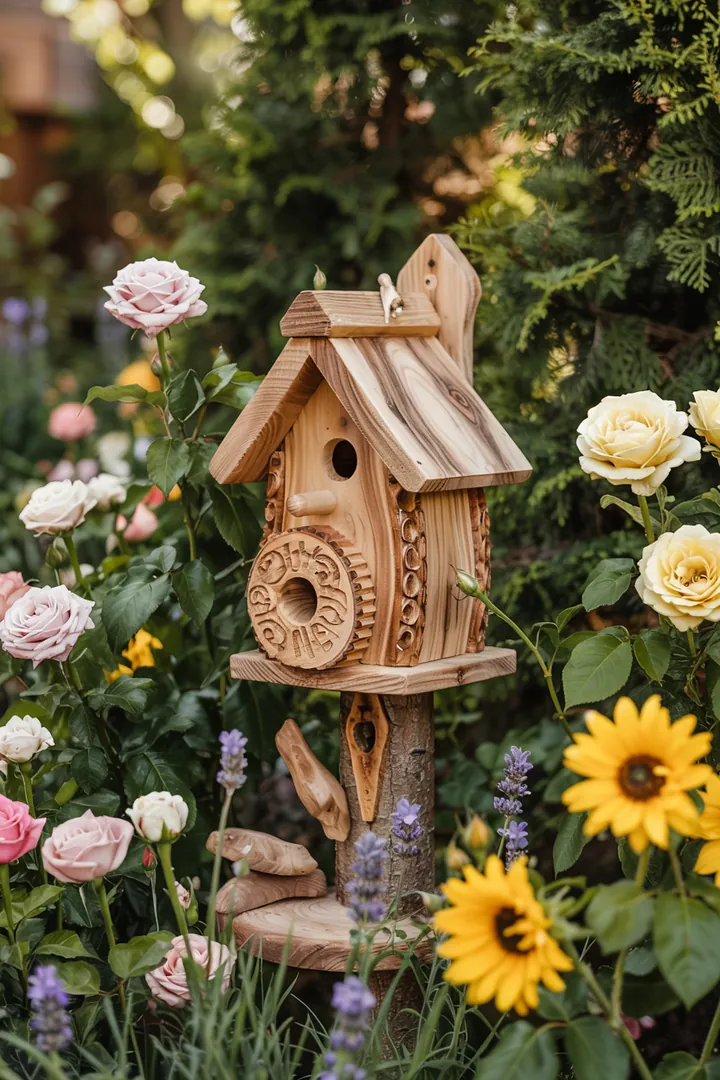 Ein liebevoll gestaltetes Futterhaus aus Holz, das Vögel anlockt und einen einladenden Platz in einem Garten schafft. Ideal für Naturliebhaber.