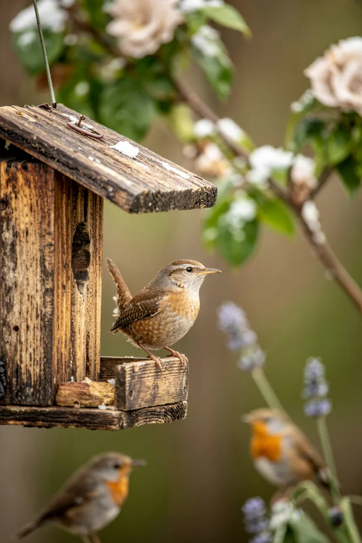 Ein charmantes Futterhaus für gefiederte Freunde, kunstvoll gestaltet und umgeben von buntem Grün im Garten. Ideal für Vogelbeobachtungen.