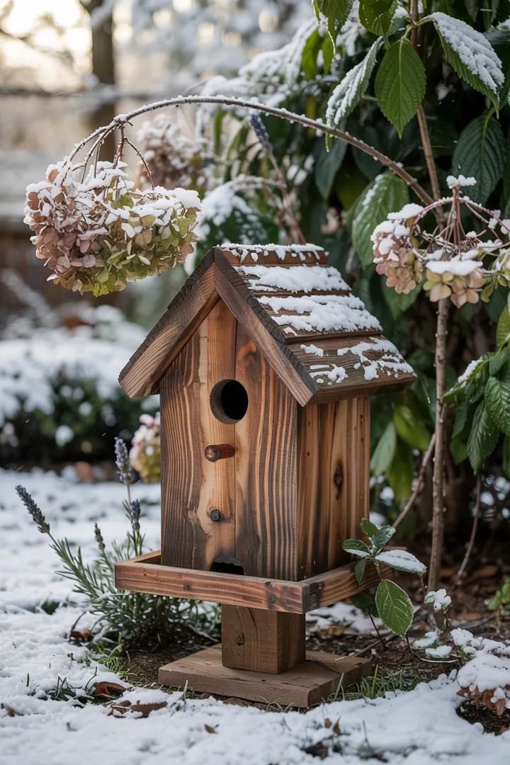 Ein charmantes Futterhaus aus Holz, liebevoll gestaltet, lädt gefiederte Freunde zum Verweilen ein und bietet eine gemütliche Nahrungsquelle für Vögel.