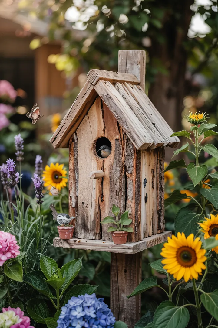 Ein liebevoll gestaltetes Futterhaus aus Holz, das einladend für gefiederte Freunde in einem grünen Garten steht. Ideal für die Beobachtung von Vögeln.
