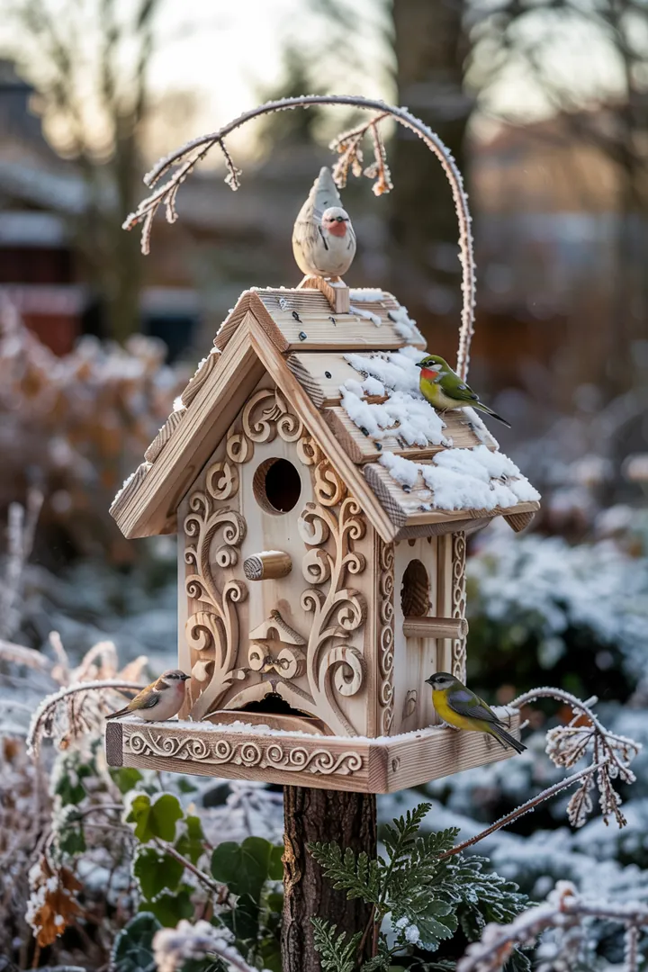 Ein charmantes Futterhaus für Vögel, umgeben von bunten Blumen und üppigem Grün, ideal für die Vogelbeobachtung.