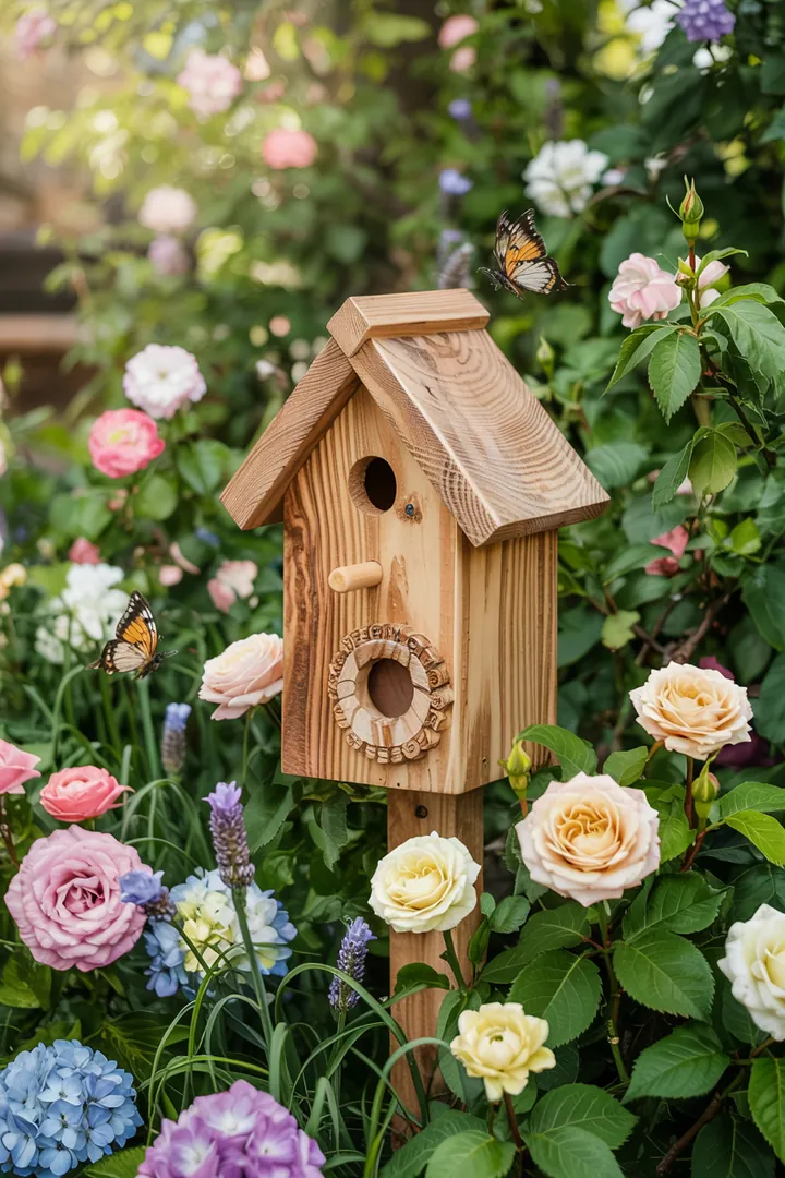 Ein farbenfrohes Futterhaus für gefiederte Freunde, das in einem Garten hängt und einladend für Vögel gestaltet ist. Ideal für Naturliebhaber.