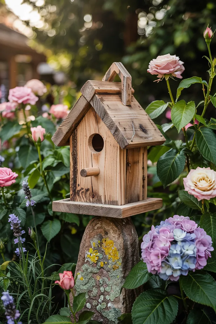 Ein liebevoll gestaltetes Futterhaus aus Holz, das kleinen Vögeln einen sicheren Platz bietet, um zu fressen und zu nisten. Ideal für den Garten.