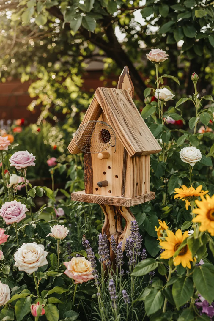 Ein liebevoll gestaltetes Futterhaus aus Holz, das Vögeln Schutz und Nahrung bietet, umgeben von buntem Grün und fröhlichen Pflanzen.